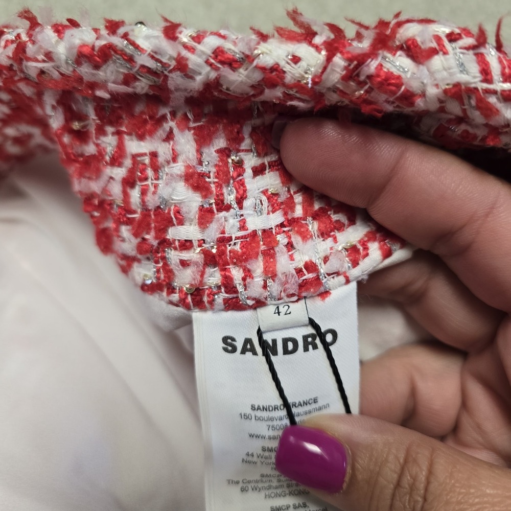 Sandro Paris Red Wrap Effect Metallic Tweed Meridan Mini Skirt Sz‎ 42 NWT $295 - Picture 9 of 12